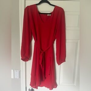 LOFT Red Wrap Tie Front Sundress with Bishop Sleeves